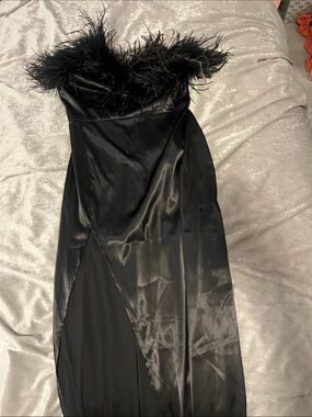 Fashion Nova Black Feather-Trim Satin Evening Dress